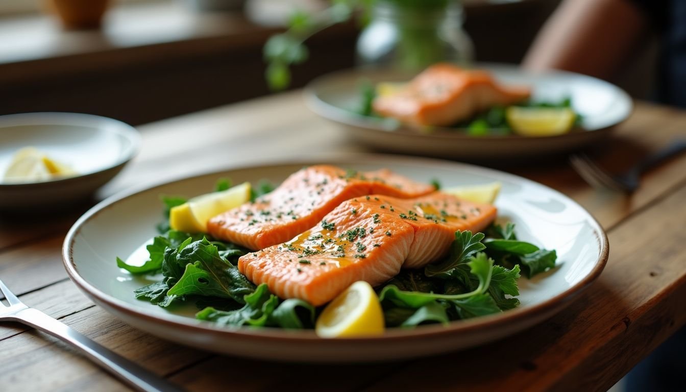 Salmon fillets on baby kale salad, garnished with lemon wedges, on a rustic wooden table.