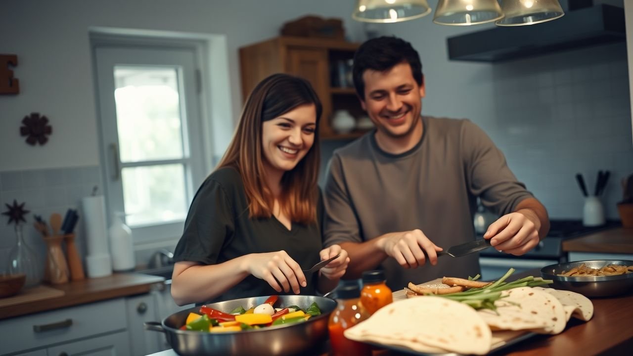 A couple in their 30s joyfully cooks chicken fajitas in their cozy kitchen.