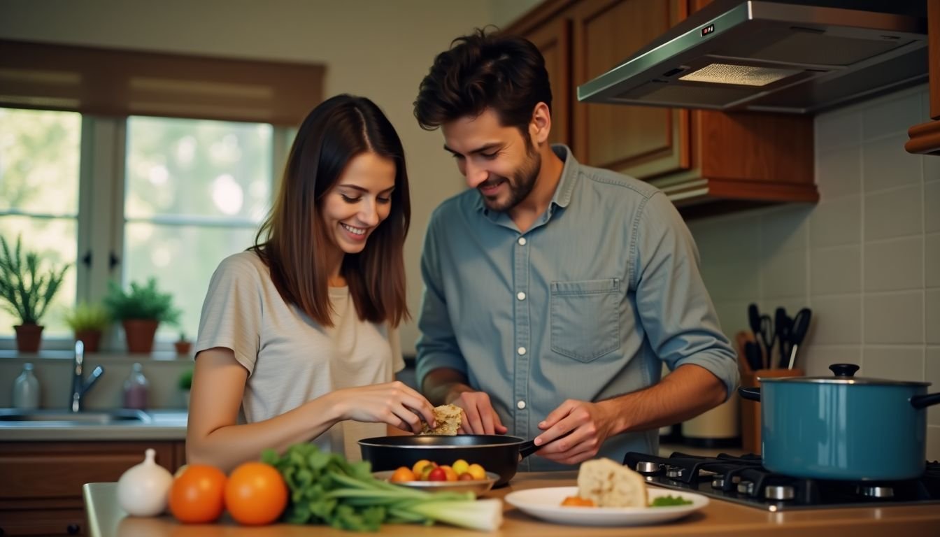 A young couple prepares a quick, cozy dinner in a warm, inviting kitchen atmosphere.