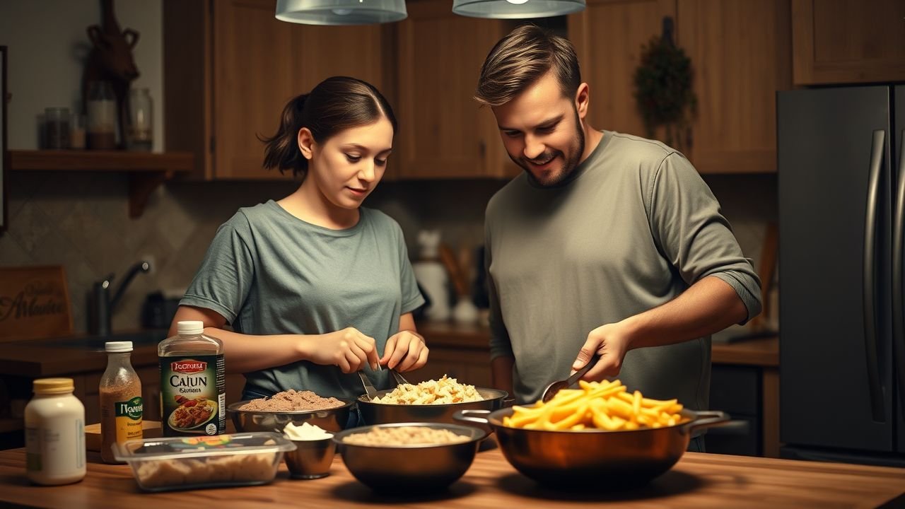 A young couple cooking creamy Cajun chicken pasta in a cozy kitchen.