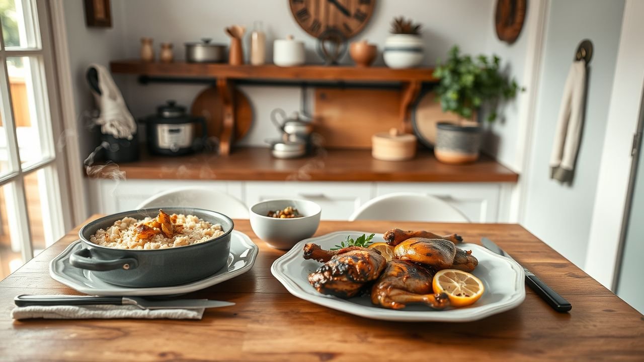 A cozy kitchen scene with a set table for two and comfort food.