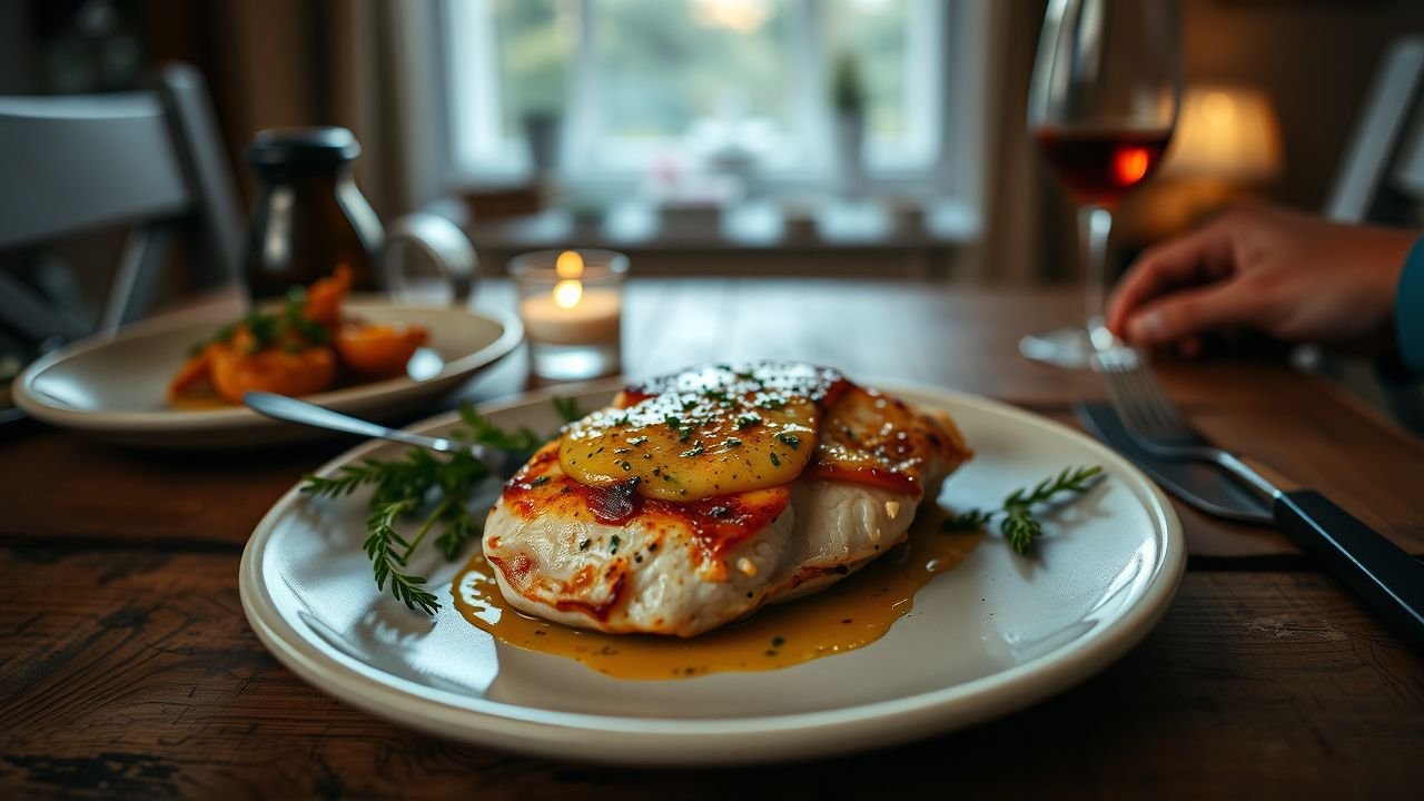 A cozy dinner setup with garlic butter chicken breast on rustic wooden table.