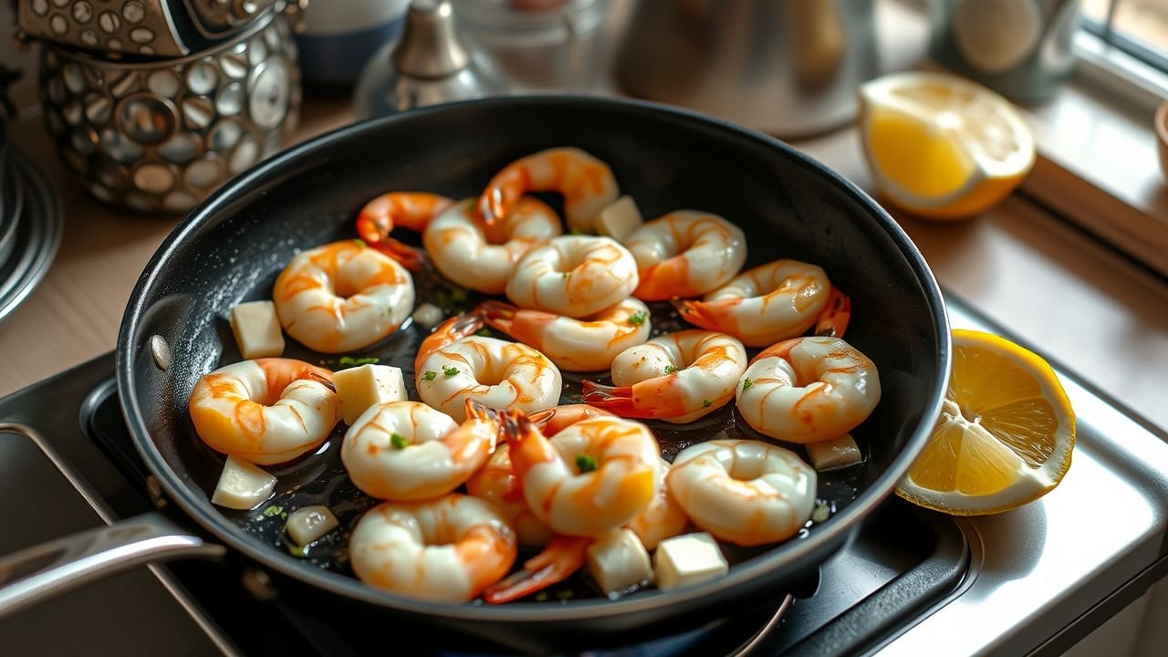 A plate of garlic butter shrimp sizzling in a skillet surrounded by key ingredients in a cozy kitchen scene.