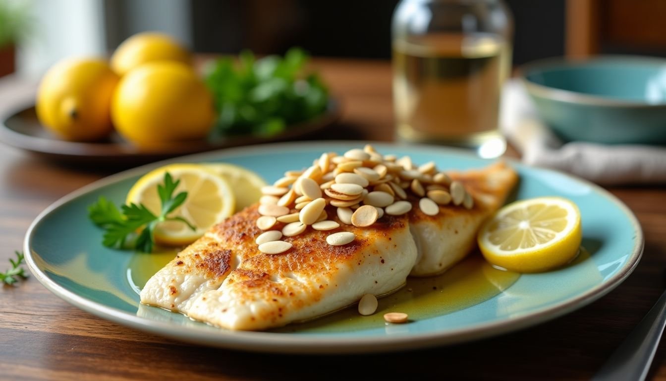 A cozy kitchen features a rustic table set with Lemon-Butter Tilapia and fresh garnishes.