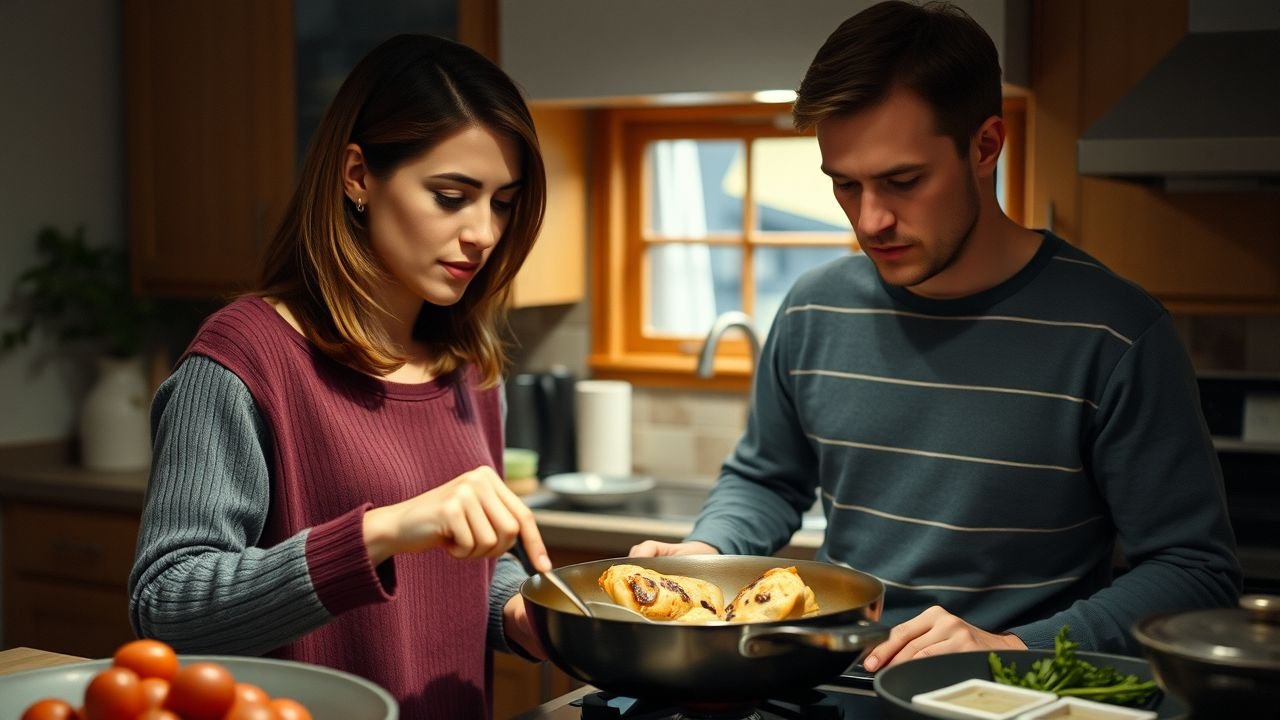 A couple in their 30s is cooking 'Marry Me Chicken' together in a cozy kitchen.