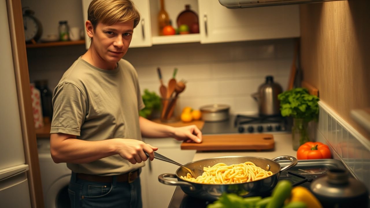 A person in their thirties prepares a creamy pasta dish in a cozy kitchen scene.