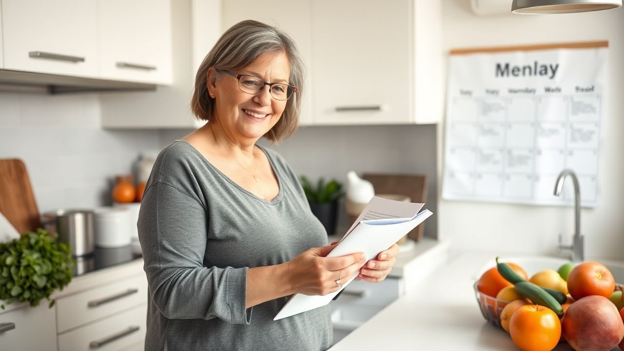 A middle-aged woman in a casual kitchen setting checking off grocery items and holding a recipe book.