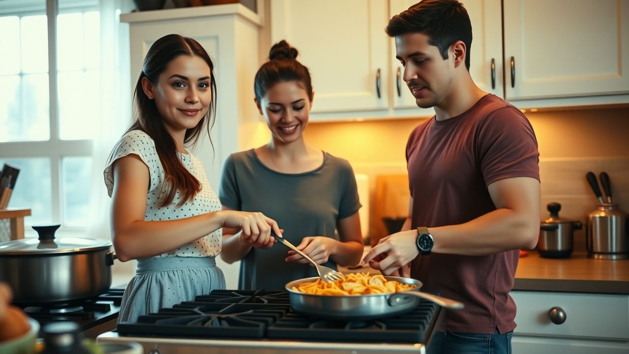 A young couple in their mid-twenties cooking creamy Cajun chicken pasta in a cozy kitchen.