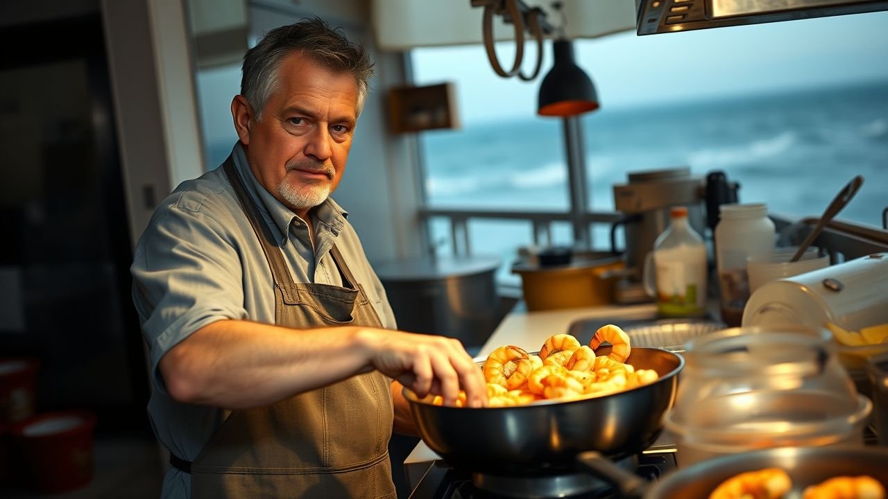 A middle-aged man cooks garlic butter shrimp by the sea in a busy kitchen.