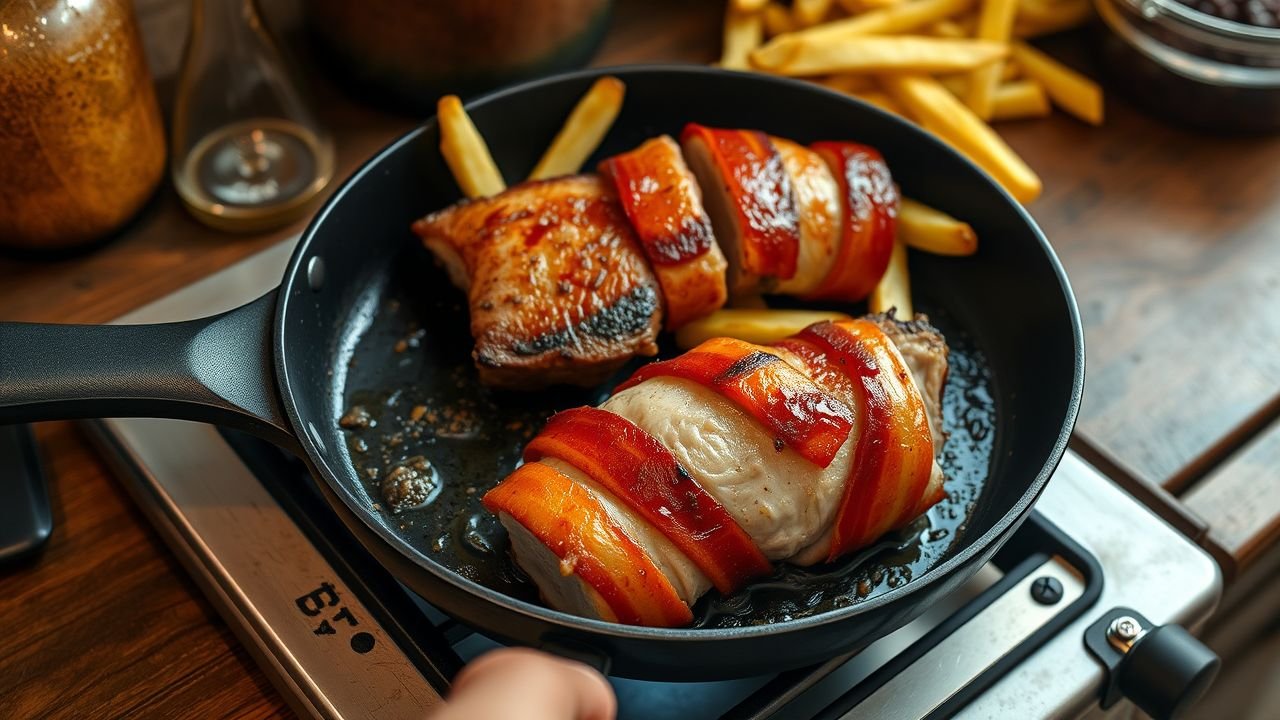 A rustic kitchen scene with sizzling steak frites and bacon-wrapped pork tenderloin being cooked.