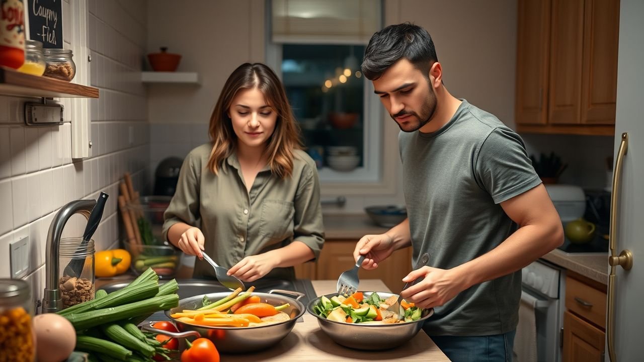 A couple in their 30s preparing a simple one-pan dinner in their cozy kitchen.