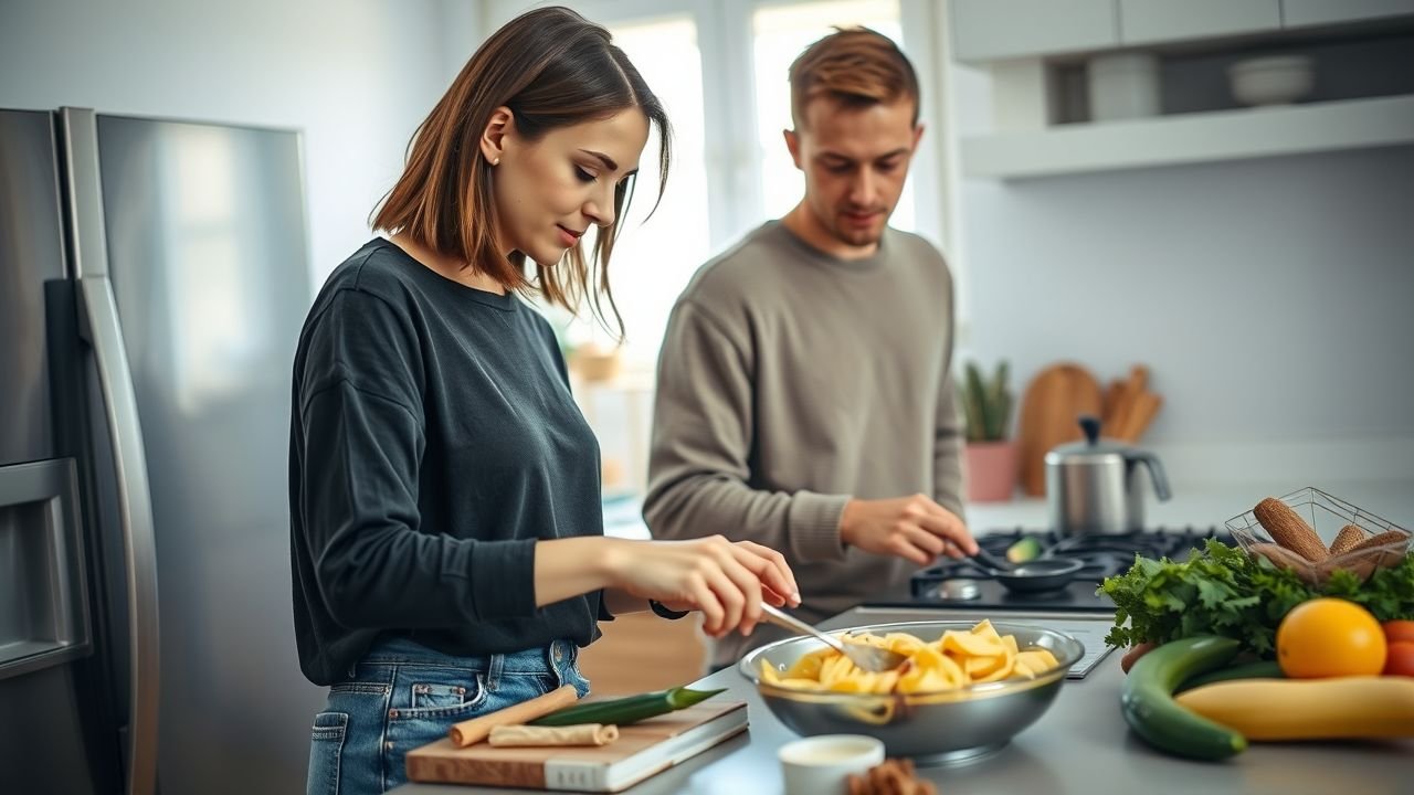 A young couple prepares a simple pasta dish together in a cozy kitchen.