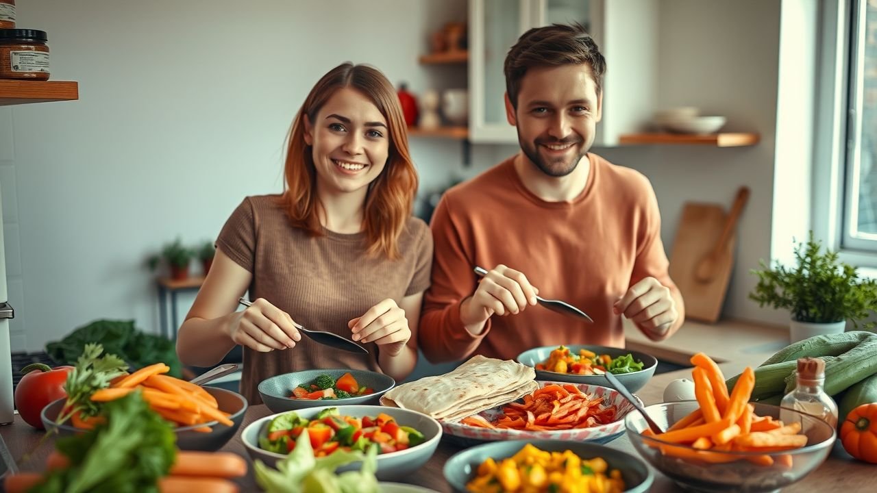 Two young adults cooking vegetarian dishes in a cozy kitchen.